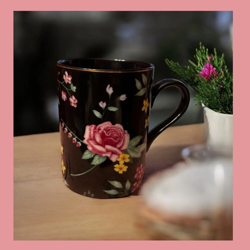 Vintage Fitz & Floyd Amboise Fine Porcelain Black Floral Mugs w/ Gold Trim Set